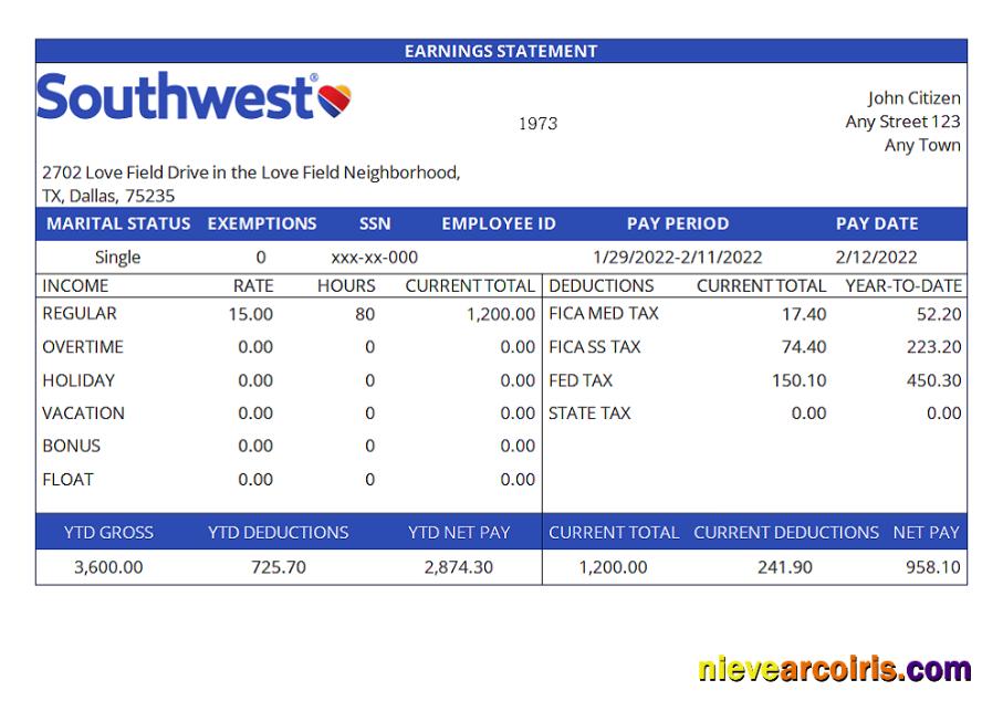 USA Southwest Airlines airlines company pay stub